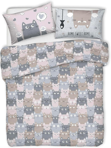 Parure Copripiumino Matrimoniale e Singolo 100% Cotone | Happy Cats Grigio